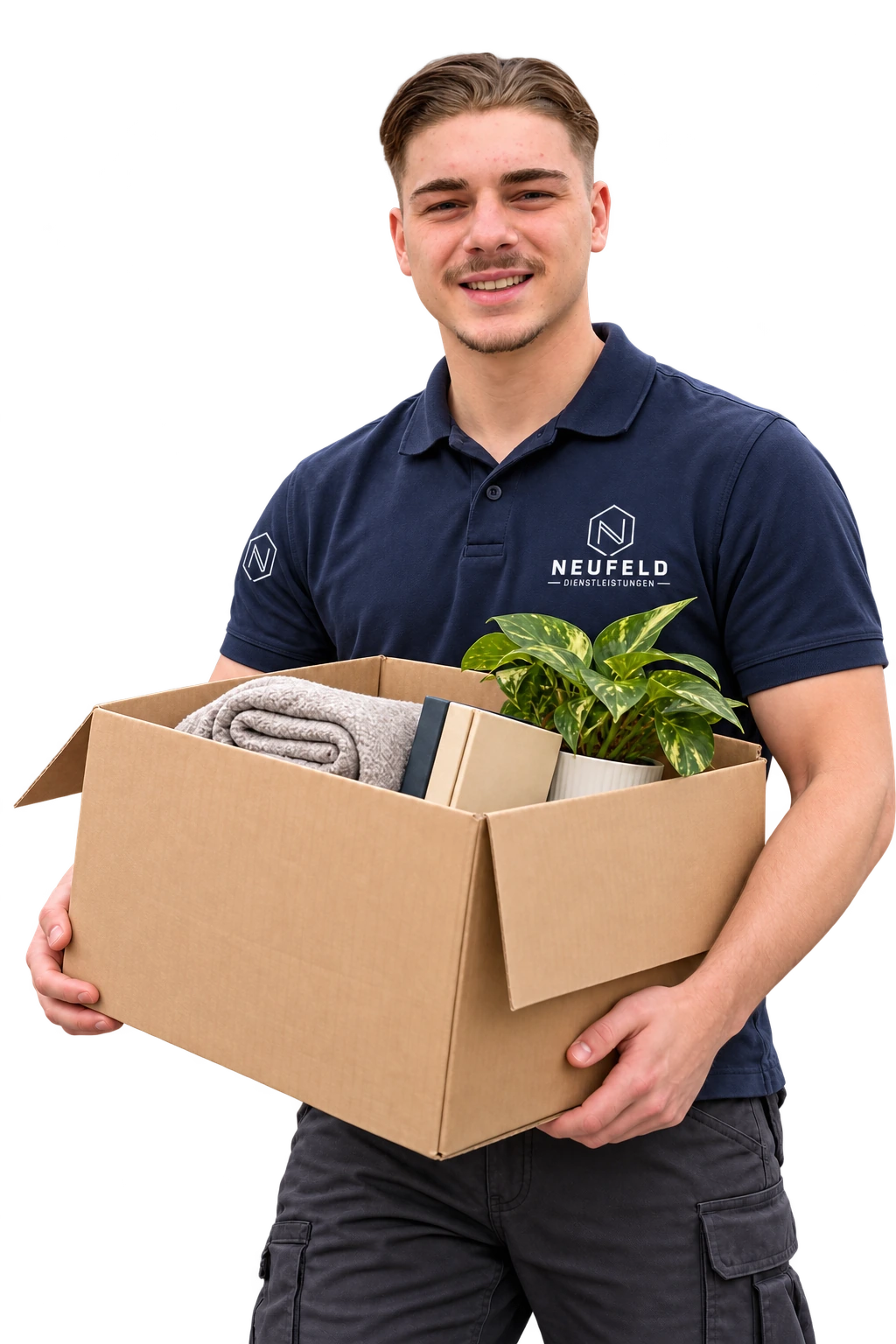 Digital gestaltetes Motiv von Kai Neufeld mit Karton und Neufeld-Arbeitspolo
